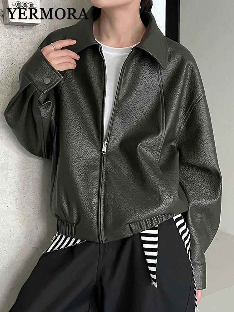 

YERMORA Autumn New Women's Pu Leather Zipper Casual Jacket Lapel Long Sleeve Loose New Texture Coat Fashion Tide Spring 2025