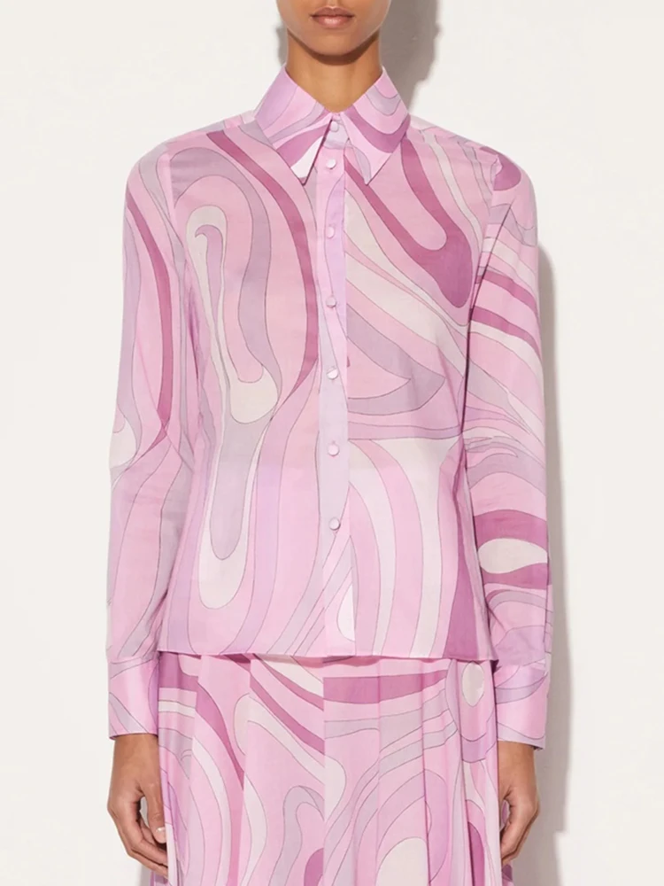 

Весенне-летняя модная повседневная женская блузка из хлопка с геометрическим принтом, отложным воротником и длинным рукавом на пуговицах