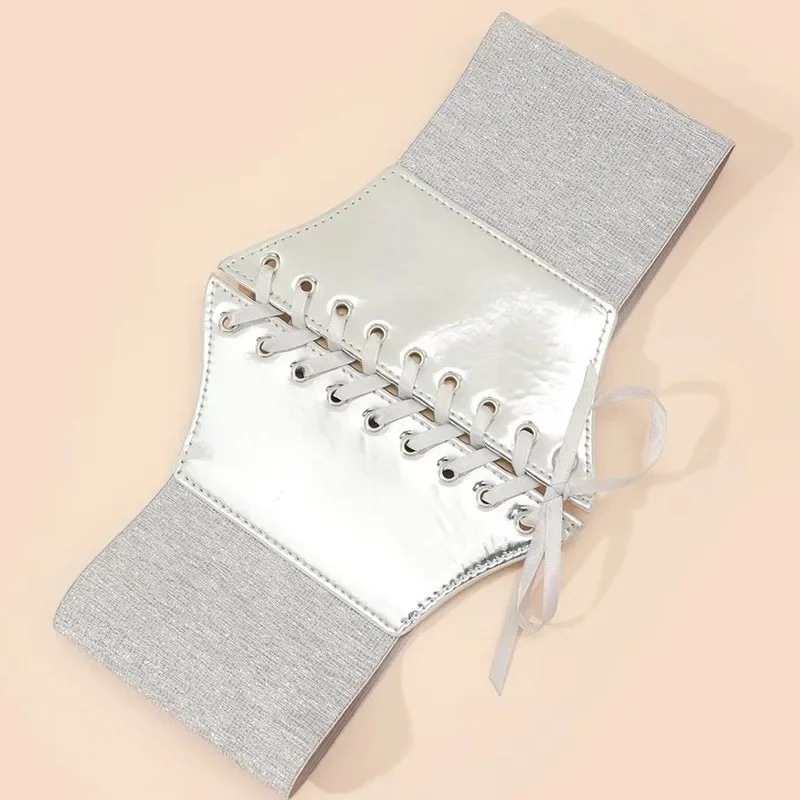 Silver Corset Belt for Women Wide Dress Belt Y2k Lace-up Elastic Waist Belt