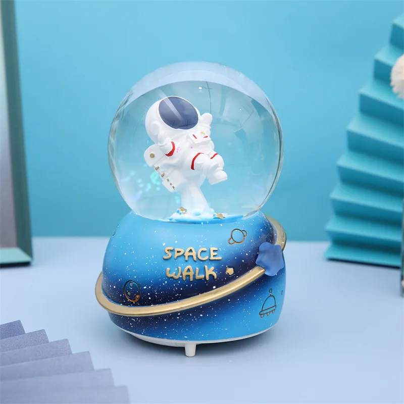 Boys\' Birthday Party Gift Astronaut Glow Light Crystall Ball Music Box Resin Statue Ornament Children Bedroom Decoration