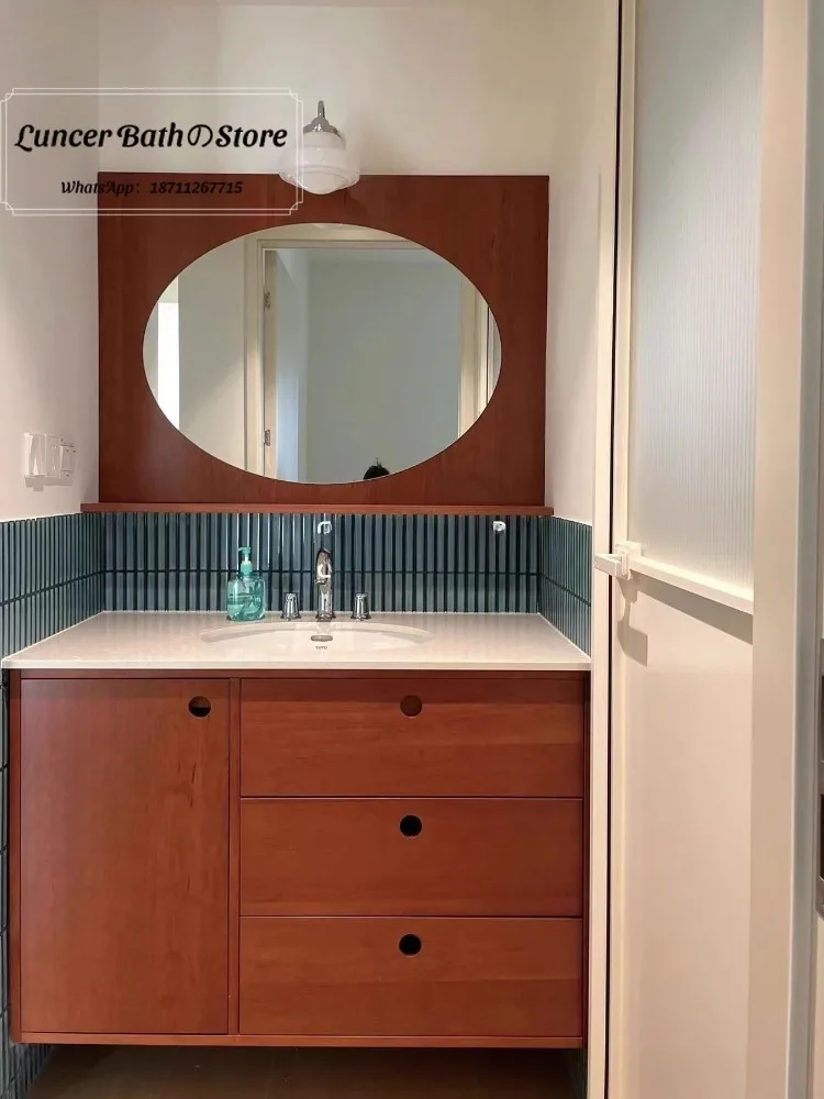 Solid Wood Mid-Century Bathroom Vanity Set, Retro Painted Ceramic Integrated Basin Sink, Custom Washstand Cabinet