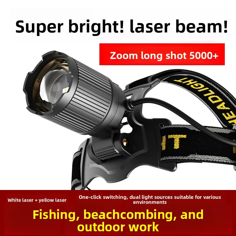Dual-Light Sensor Headlamp with Yellow and White Light, Laser Strong Light, Rechargeable LED Zoomable Night Fishing Light