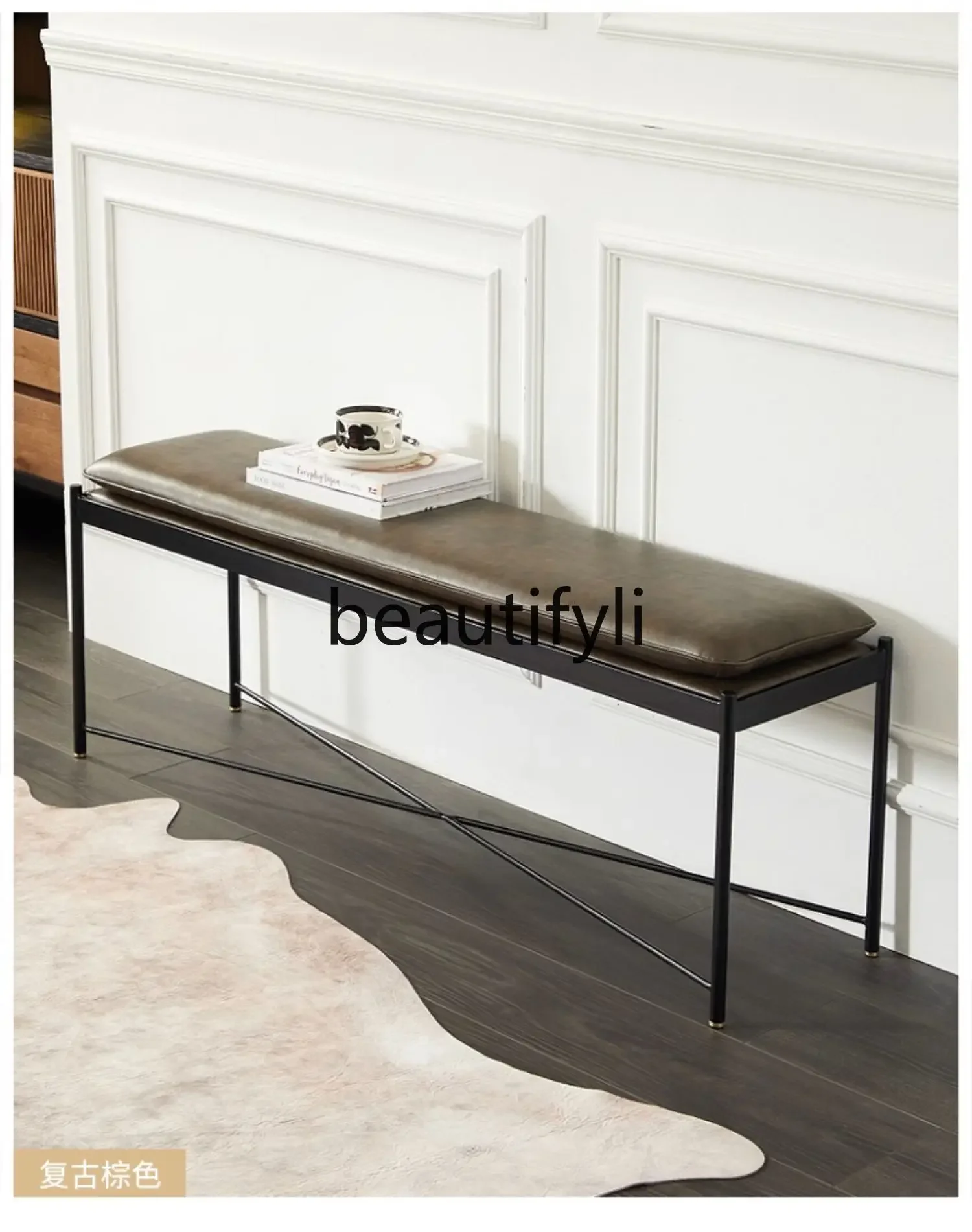 

Nordic wrought iron bedside bench retro modern simple shoe change soft bag leather strip dining stool4593