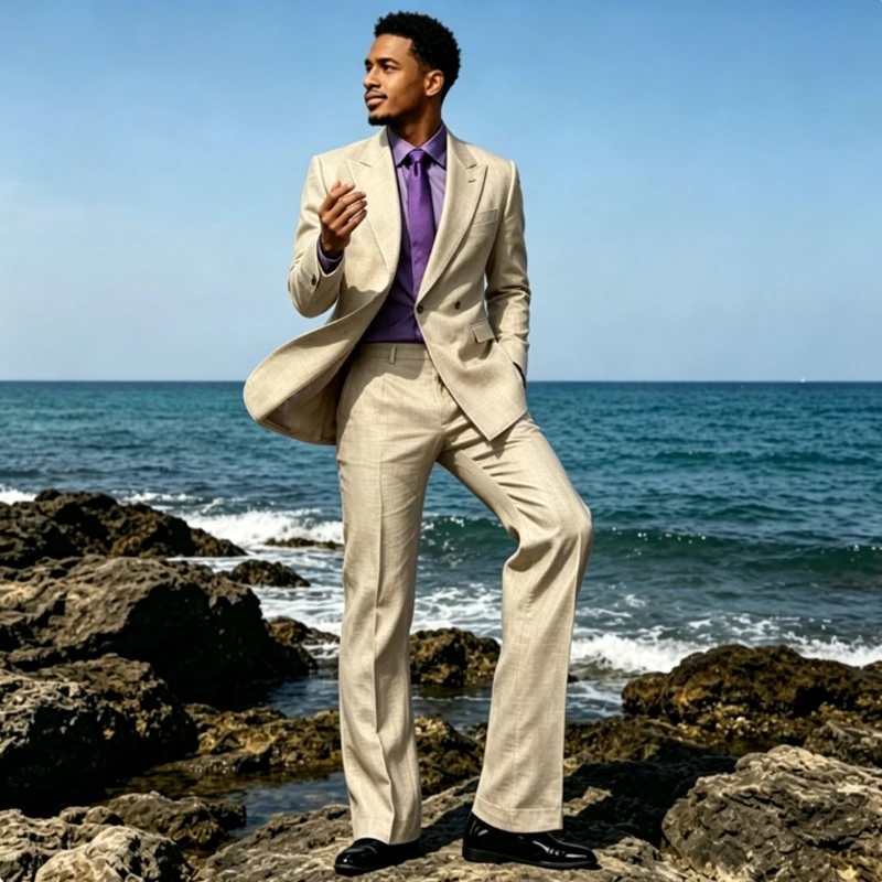 

Men's Linen Suits Classic British Style Peak Lapel Collar Double Breasted 2 Piece Set Blazer & Pants Summer Wedding Groom Outfit