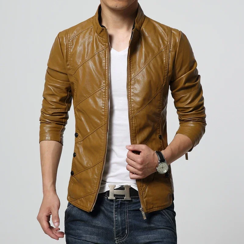 2024 New Mens Fashion PU Leather Jacket Men Stand Collar Slim Biker Jacket High Quality Men Coat Solid Color Leather  Jacket