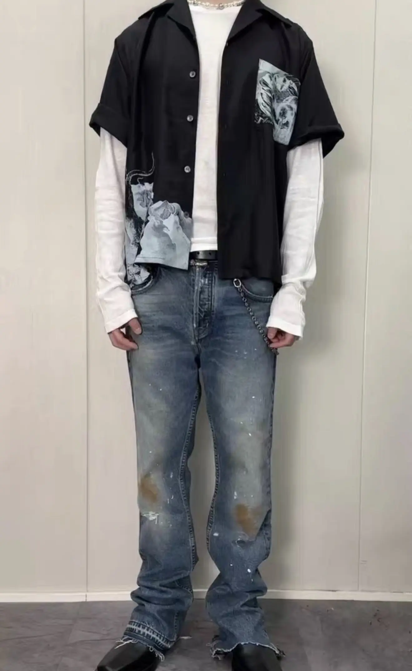 ER/D 23FW micro-pull damage splashing ink wash old flame jeans