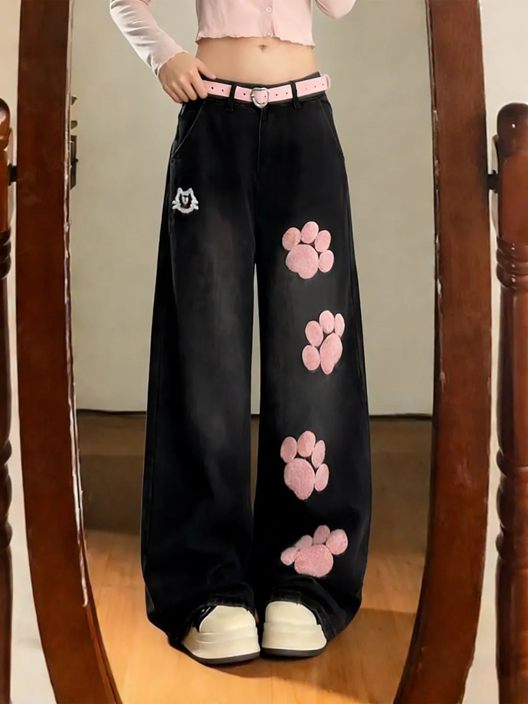 

American Style Street Retro Sweet Claw Embroidery Wide Leg Jeans Men's Slimming Loose Straight Casual Pants High Waist