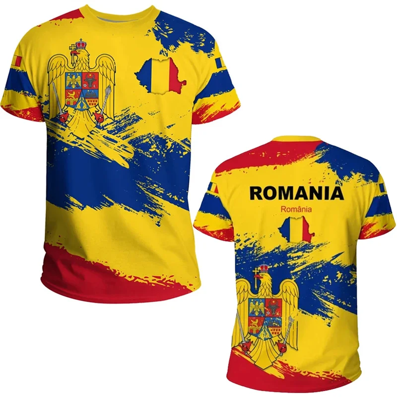 

Romanian Flag Pattern T-shirts Summer Fashion Short Sleeve National Emblem Map 3D Printed T Shirts Casual Loose Mens Tees Tops