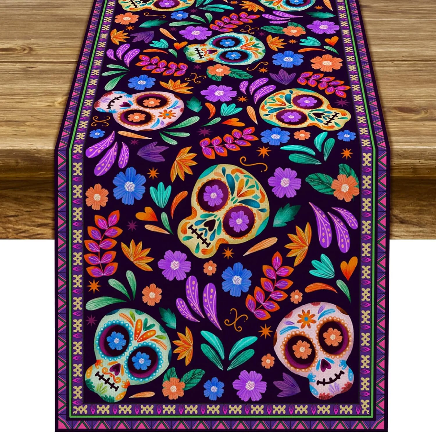 Camino de mesa VIKAMA: decoración rural de lino para el altar del día de los muertos mexicano en la cocina casera o el restaurante.