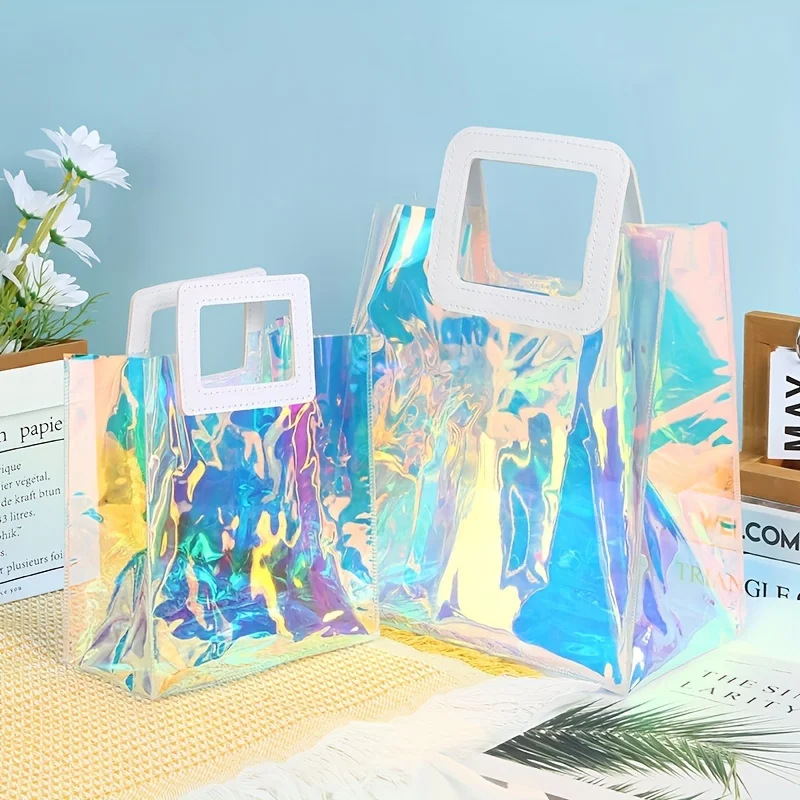 10pcs Colorful Transparent PVC Tote Bags, Reusable Gift Bags with Handles, Party Favor Bags for Birthday, Christmas, Wedding, Sh