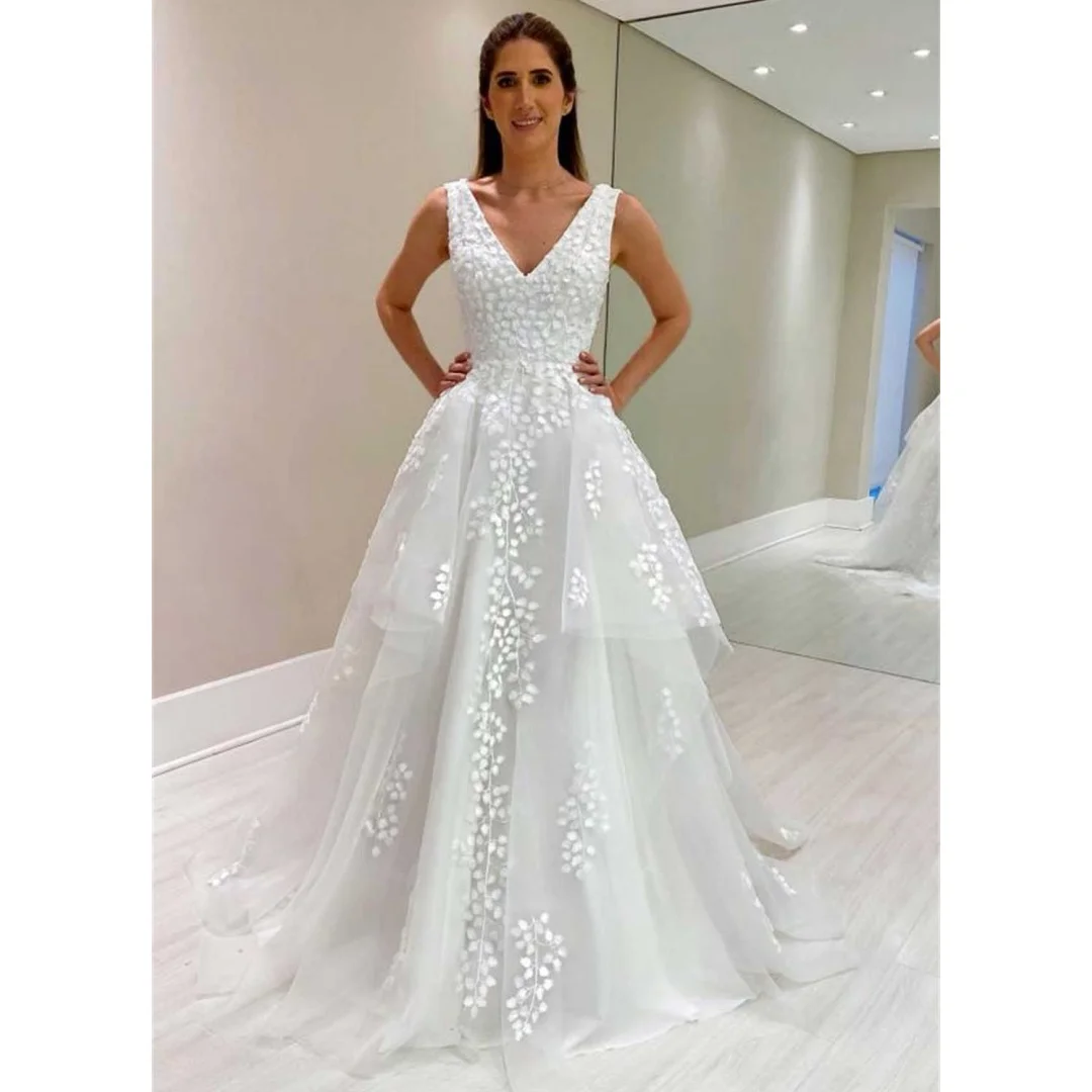 

Elegant V-neck Sleeveless Wedding Dresses With Appliques Tiered Ruffles Irregular Hem Court Train Wedding Prom Dress Bridal Gown