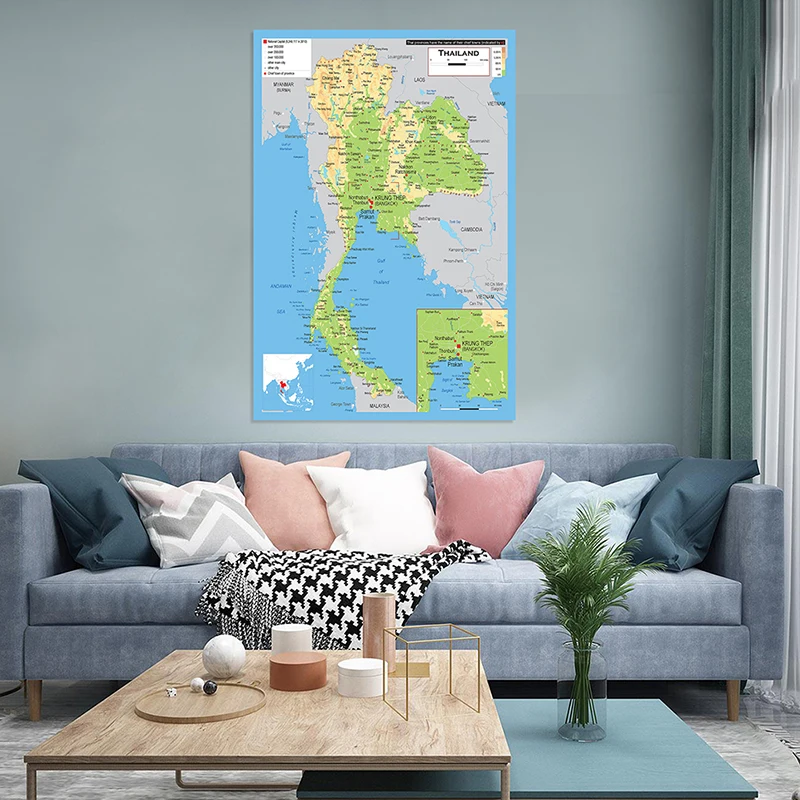 A Tailândia Mapa Pintura Da Lona, Wall Art Poster Print, Home Decor, Material Escolar, Decorativa Imagem Pendurada, Non-Woven, 100x150cm