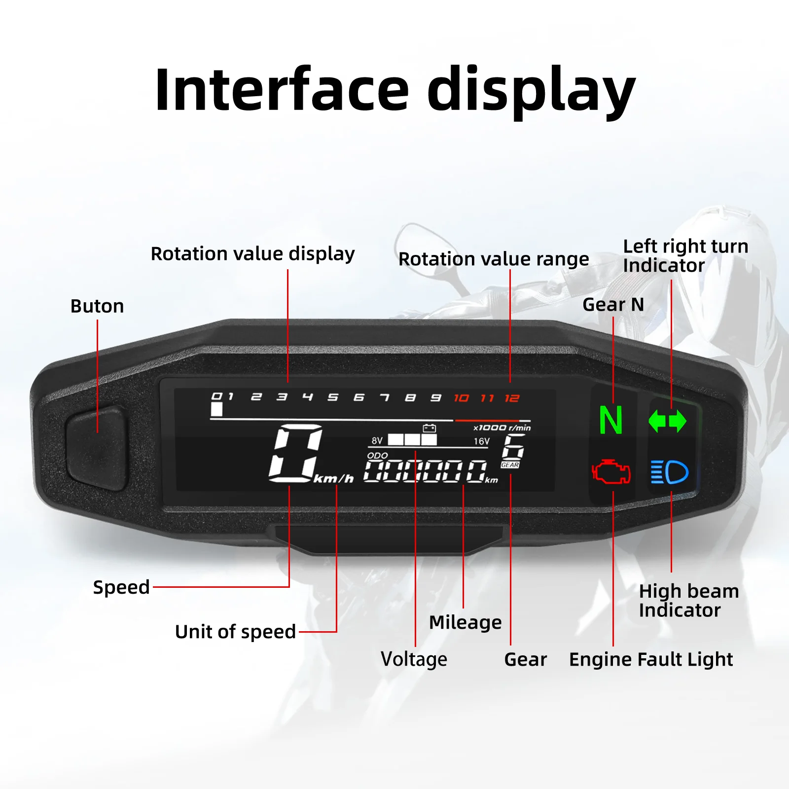 Digitale Snelheidsmeter Voor Motorfiets Rpm Toerenteller Richtingaanwijzer Licht Indicator Led Digitaal Dashboard 12000Rpm Meter Met Sensor