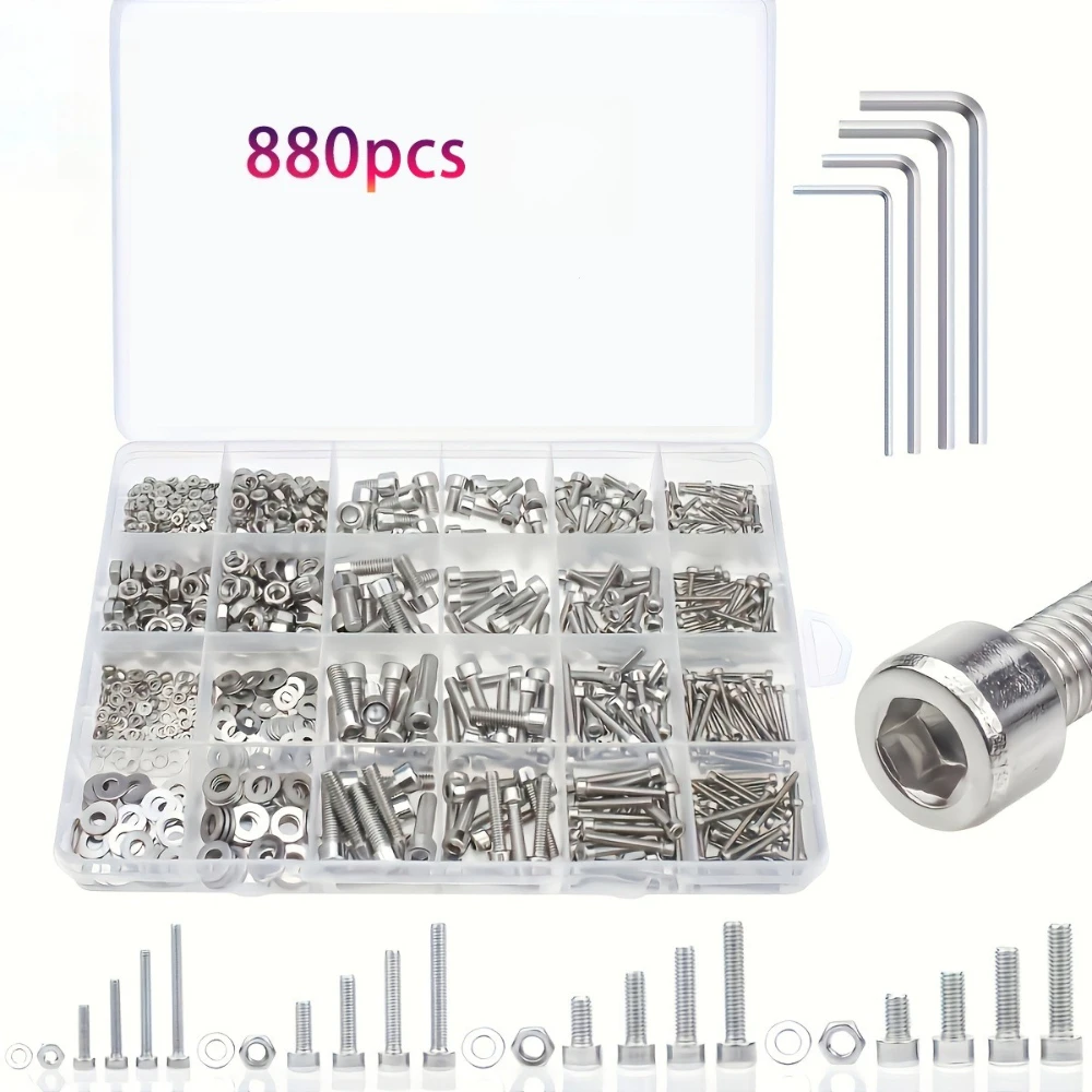 880pcs M2 M3 M4 M5 Bolt Screws 304 Stainless Steel Round Head Hex Socket Nut & Bolt Sets with Spring Washers Wrench Combination