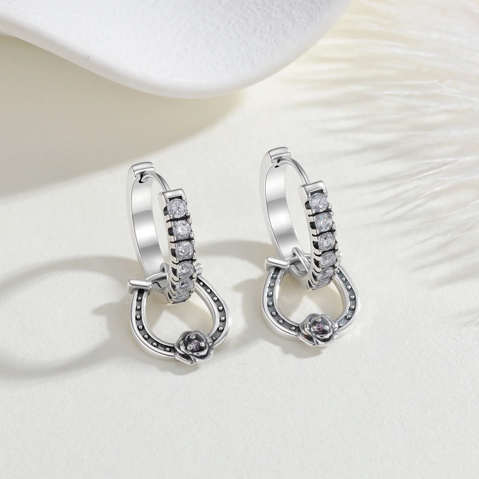 925 Sterling Silver Earring Hypoallergenic Racing Rose Horseshoe Hoop Earrings Fit Mother's Day Love Anniversary Jewelry Gifts