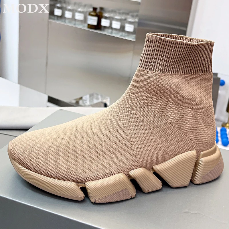 Stretch Fabric High-top Sock Shoes Men New Thick Sole Platform All-match Sneakers Women Slim Slip-on Brand Flats Sports Shoes