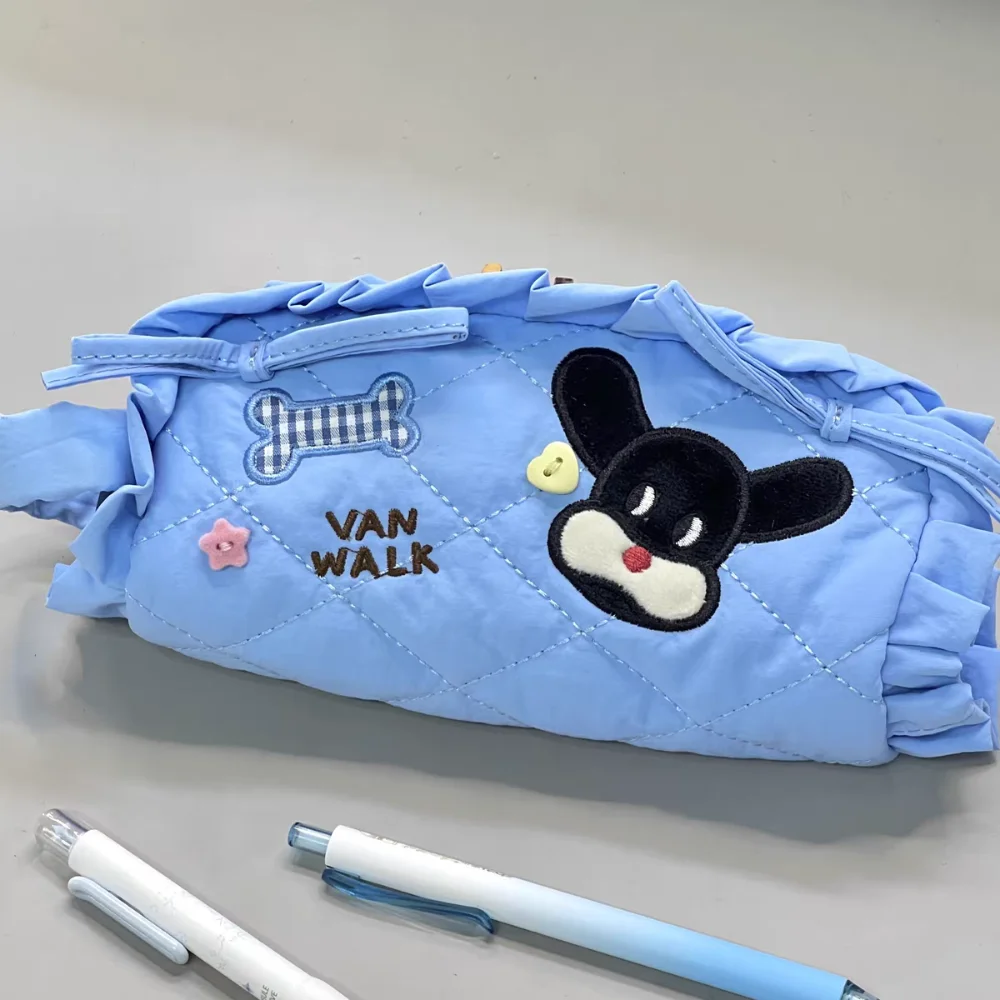 Kawaii Sweet Bow Pen Bag Large Capacity Dog Rabbit Pencil Pouch Case Ruffle Organize Stationery Handbag Students