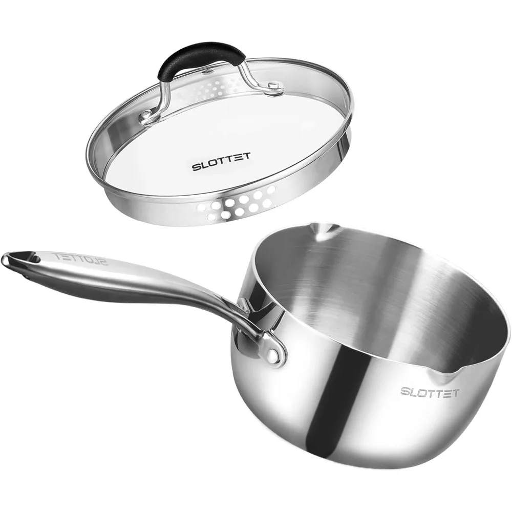 

Whole-Clad Stainless Steel Sauce Pan with Pour Spout,2.5 Quart Small Multipurpose Pasta Pot with Strainer Glass Lid