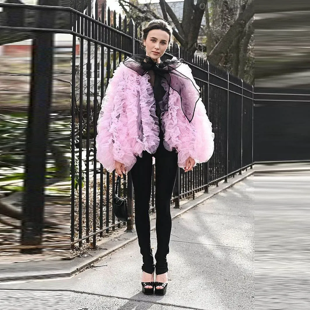 Street Ruffles Tulle Jackets With Bows Couture Women Jacket Outerwear Coat  Women Loose  Long Sleeve Open Stitch Short Coats