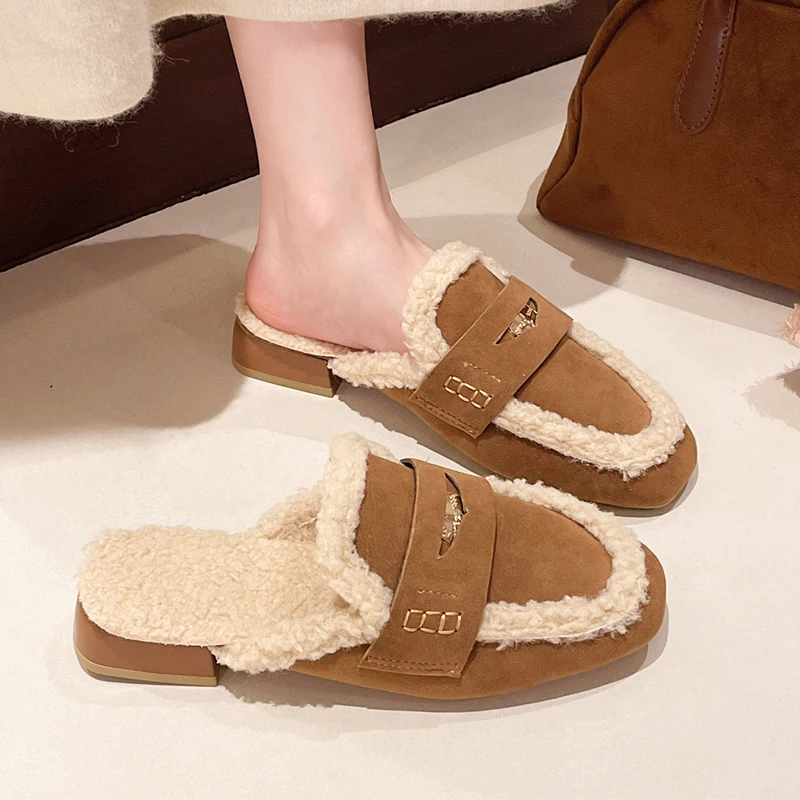 Autumn Women's Shoes New Thickened Plush Warm Mules Retro Faux Suede Moccasin Metal Coins Penny Loafers Fashion Fleeces Slippers
