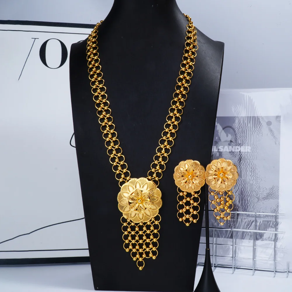 Luxury 24K 9999 Pure Gold real gold Women's Middle East Hollow Flower Earrings Necklace Set