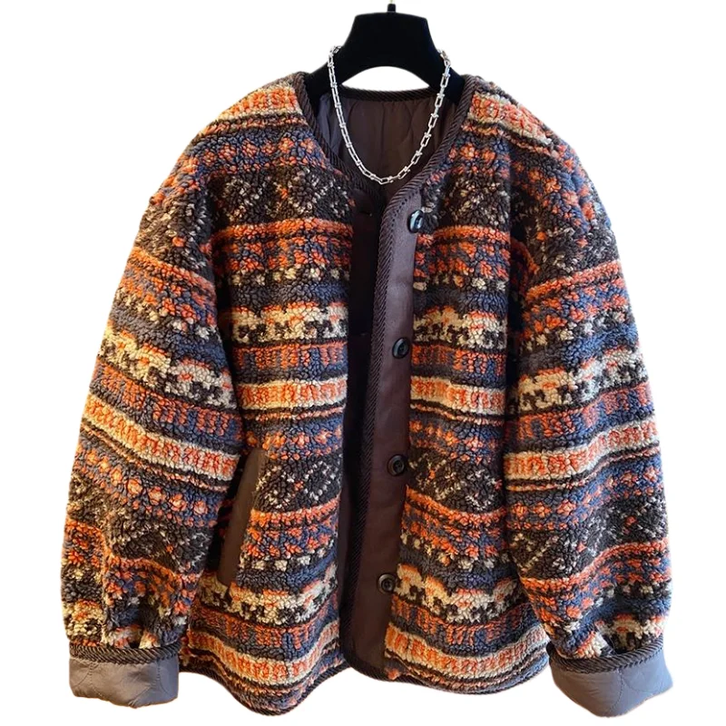 

SuperAen Print Contrast Color Cotton-padded Jacket 2025 Autumn and Winter New Loose and Casual Women's Long-sleeved Coats