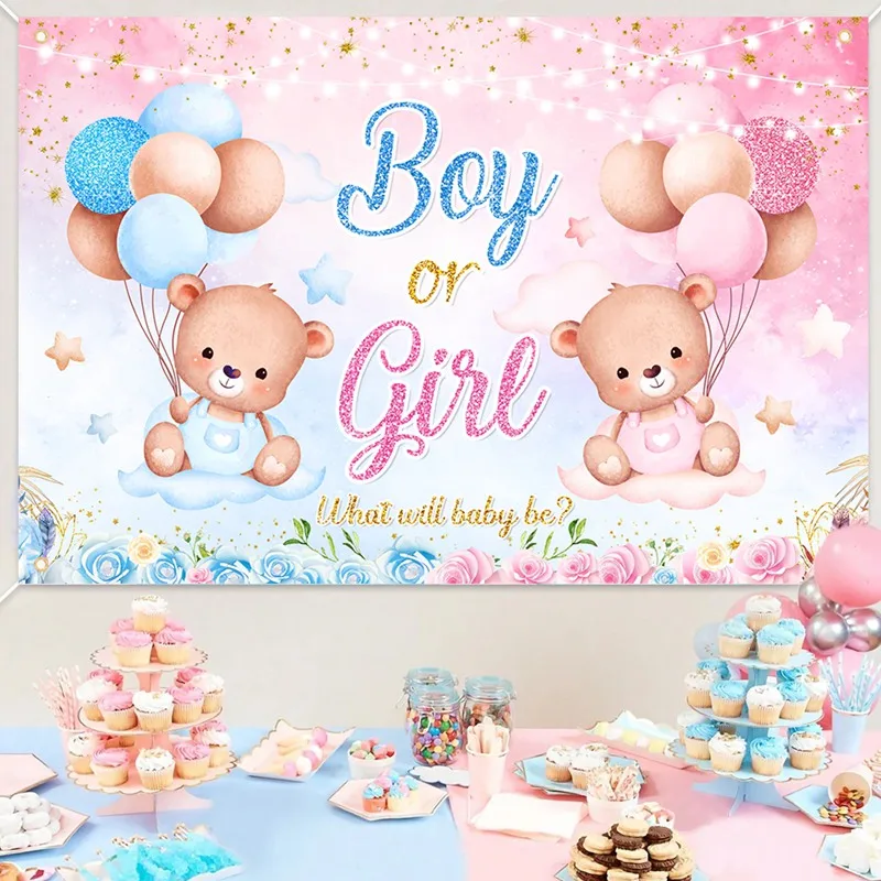 Gender Reveal Backdrop Baby Gender Party Decorations Supplies Pink Blue Bear Banner Baby Shower Photography Background