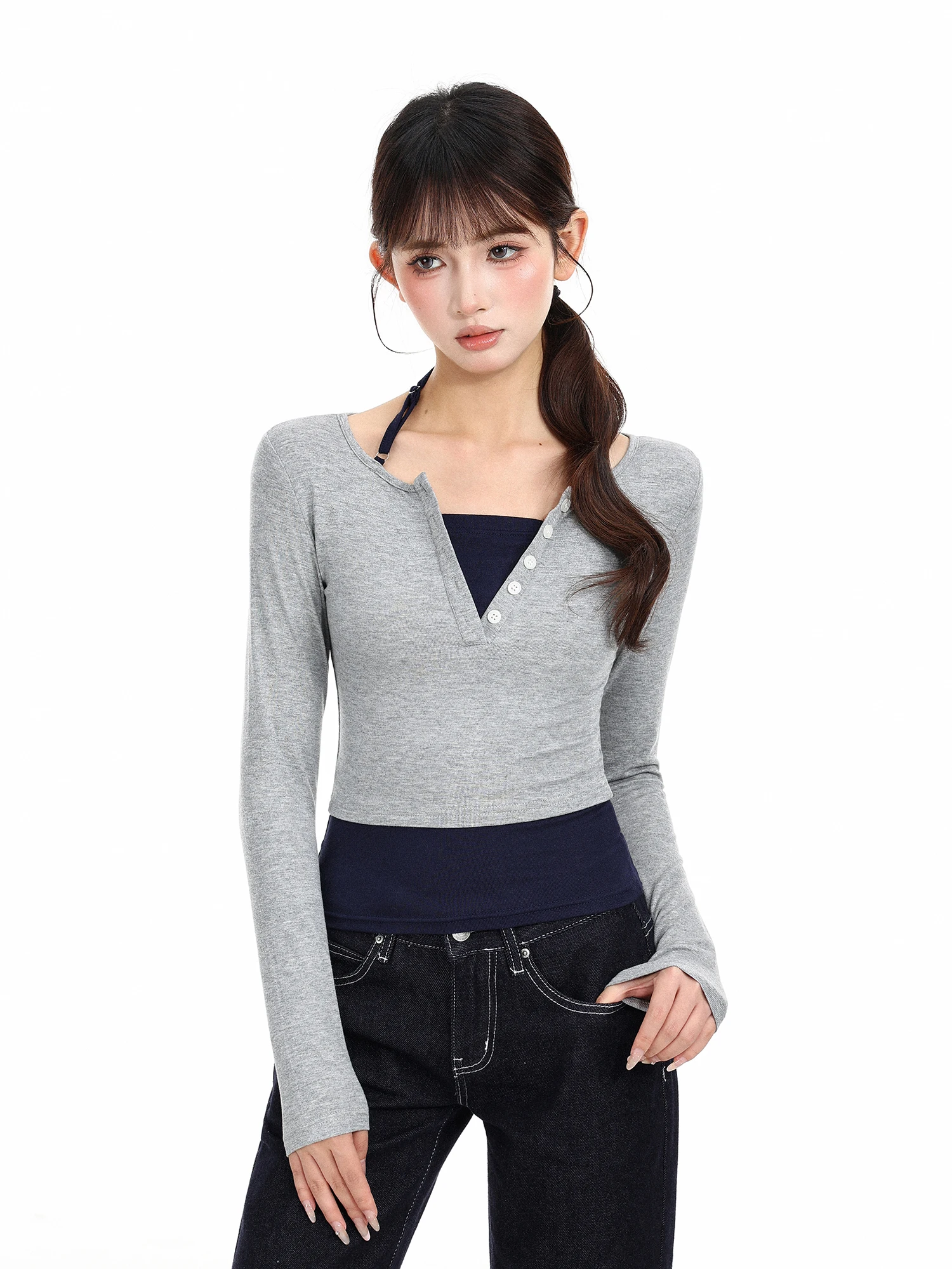 Slim Fit Long Sleeve T-Shirt Women's Early Autumn Hanging Neck False Two-Piece Short Top Base Shirt Inner Wear Sexy Girl Style