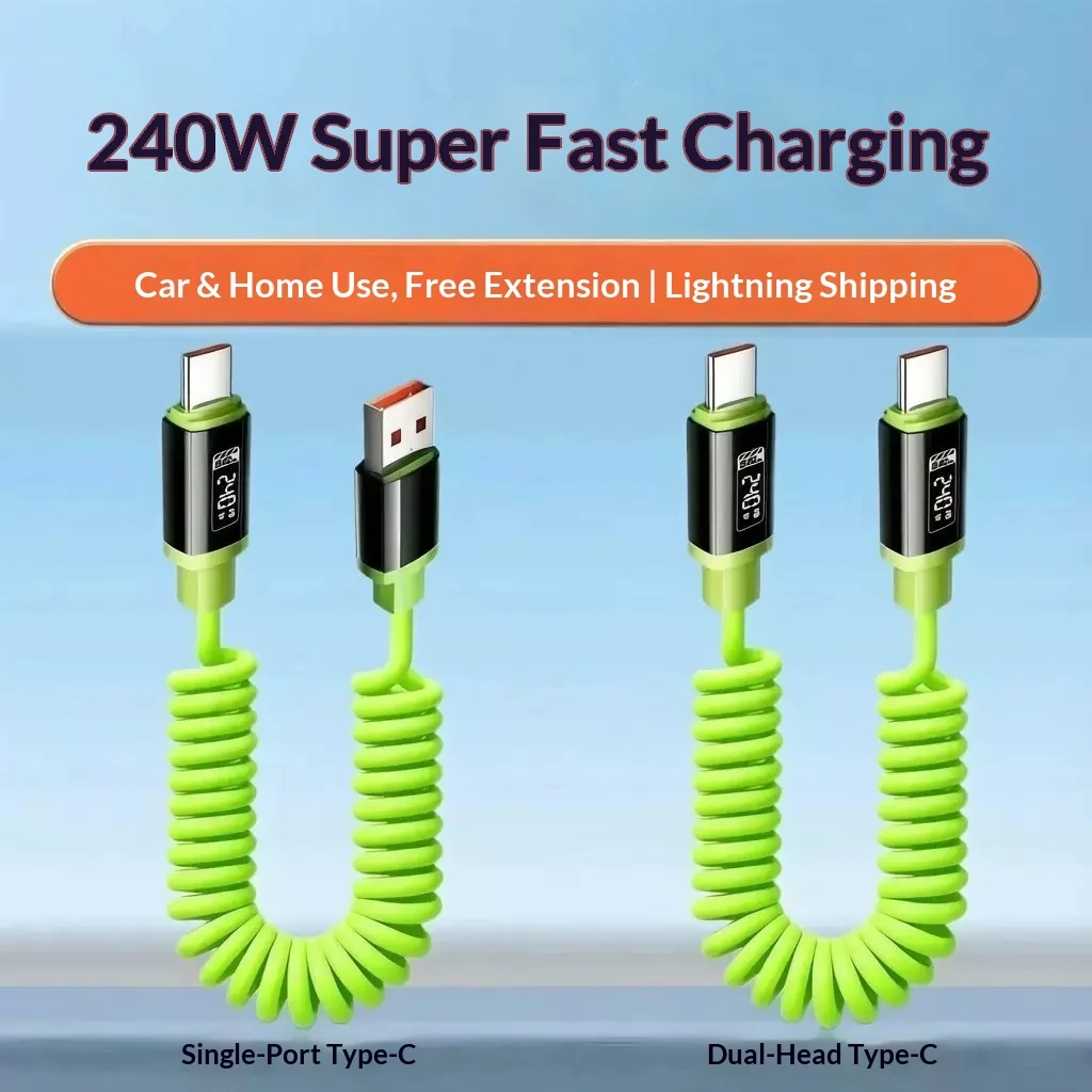 240W USB-A/USB-C To Type-C Fast Charge Spring Cable Retractable Car Flash Charge Data Cord for IPhone 17/16/15 Samsung Xiaomi