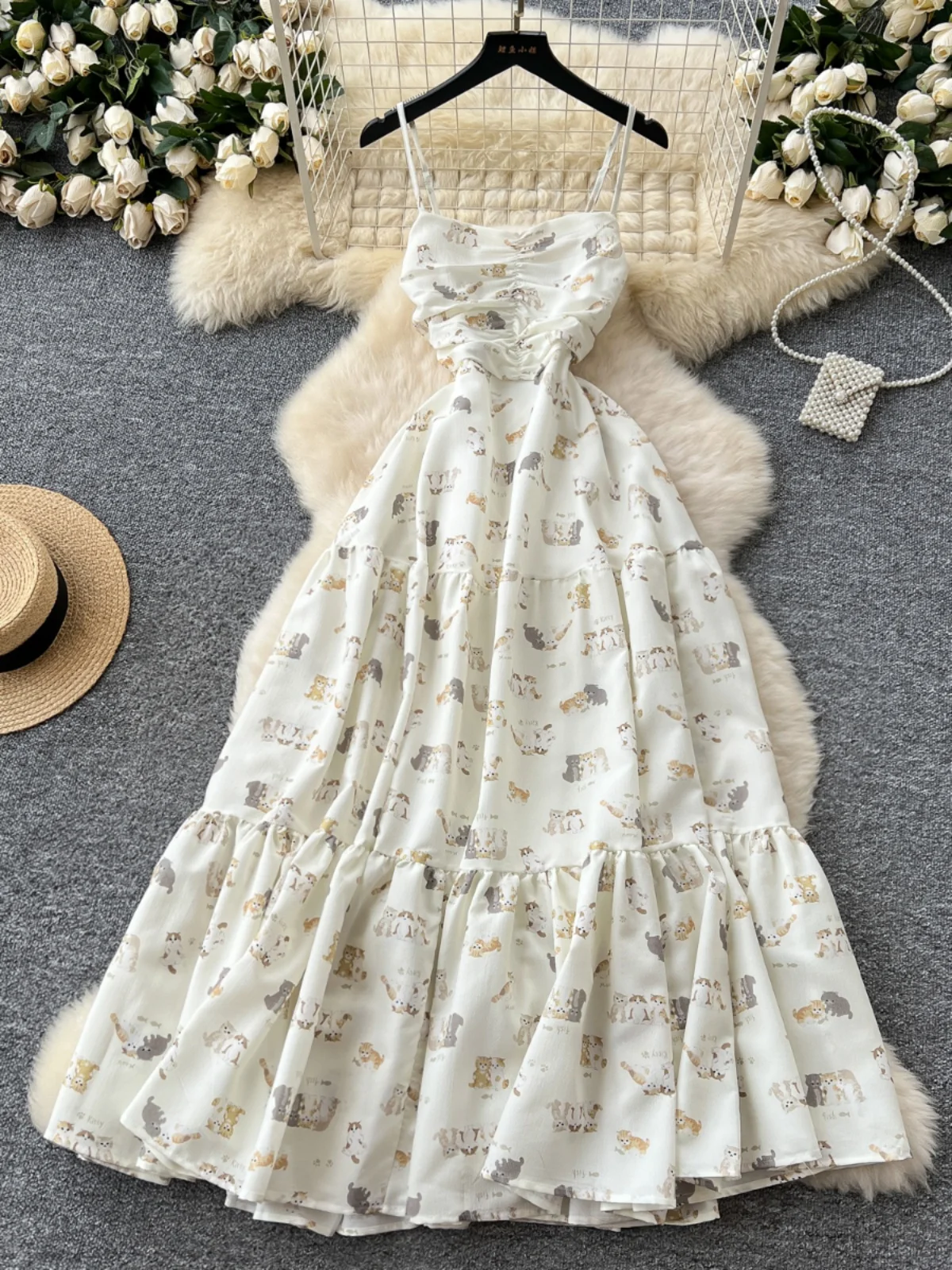 

Elegant Backless Evening Party Birthday Dresses Women Japan Style Fashion Sleeveless Spaghetti Strap Print Ruffled Long Dress
