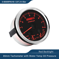ELING 85mm Multifunction 0-60MPH Speedometer Tachometer Water Temp Oil Pressure 80PSI 5Bar 10Bar With Red Backlight for Car Boat