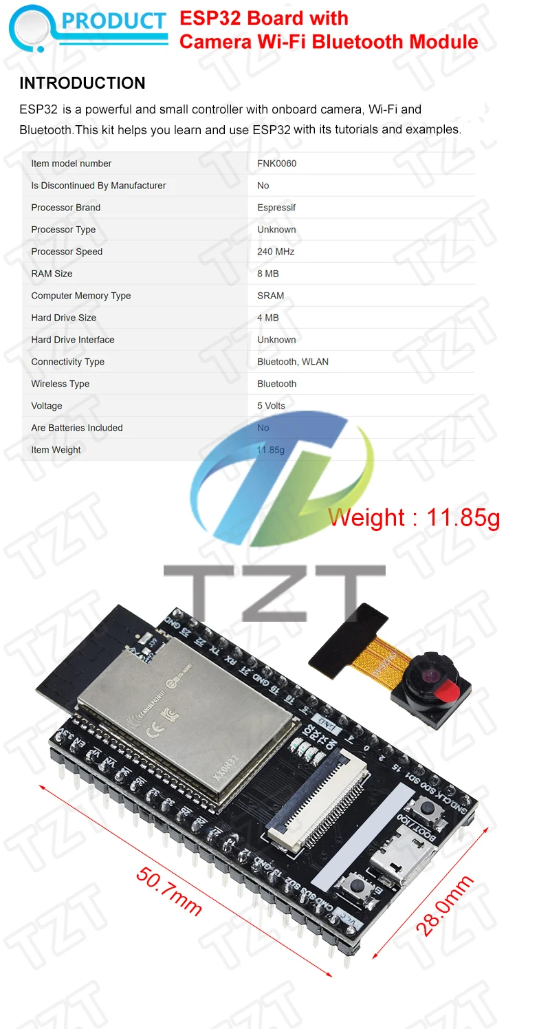TZT ESP32 Board mit Kamera ESP-32 CAM Kameramodul WiFi-Bluetooth-Modul für Arduino OV3660 – Detail 1