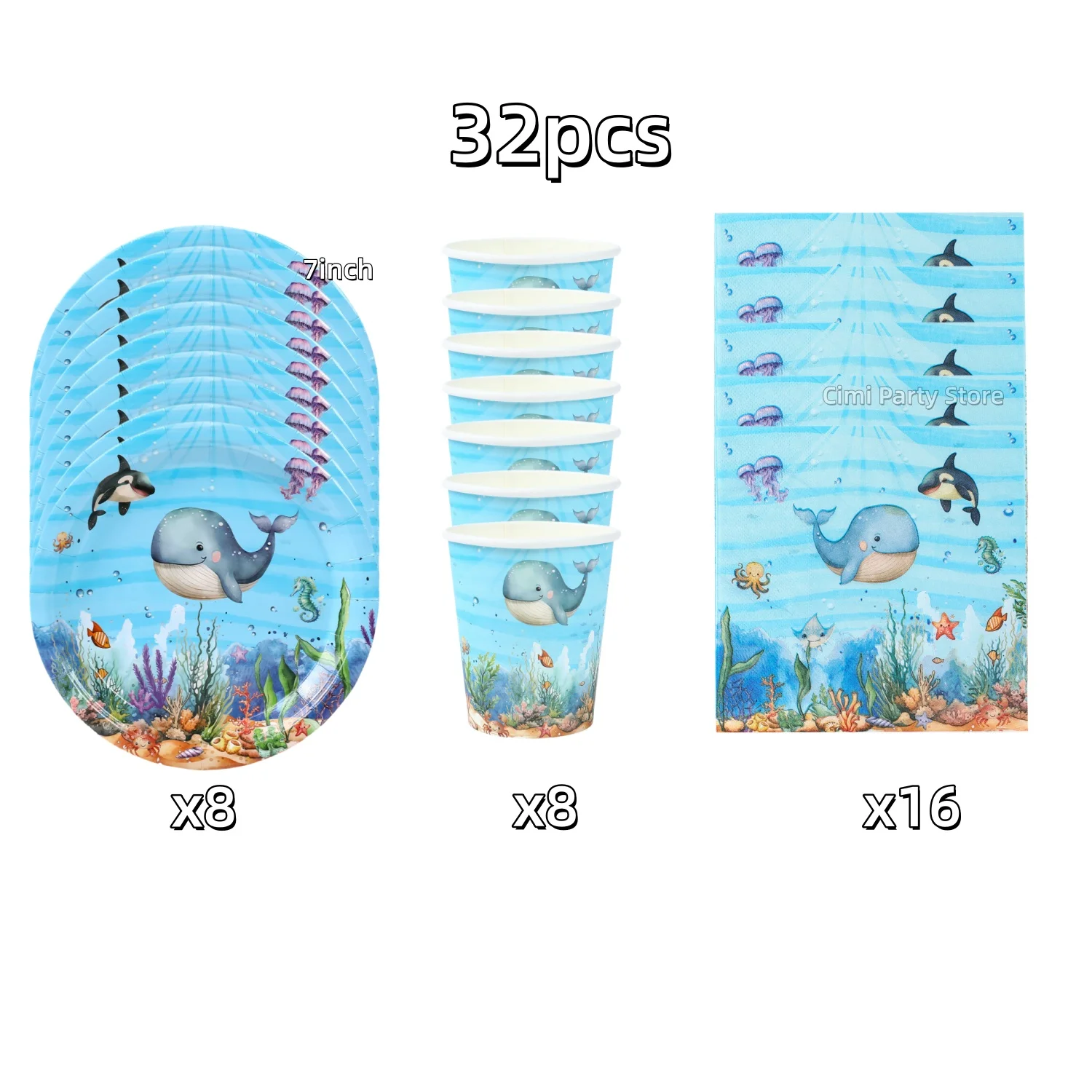 Tischdecke, Tassen und Teller zur Dekoration für eine Geburtstagsfeier mit Meerestieren, Kindergeburtstagsdeko, Geschenk für Kinder, Dekoration für eine Party im Unterwasser-Thema, Baby-Shower-Zubehör. – Detail 7