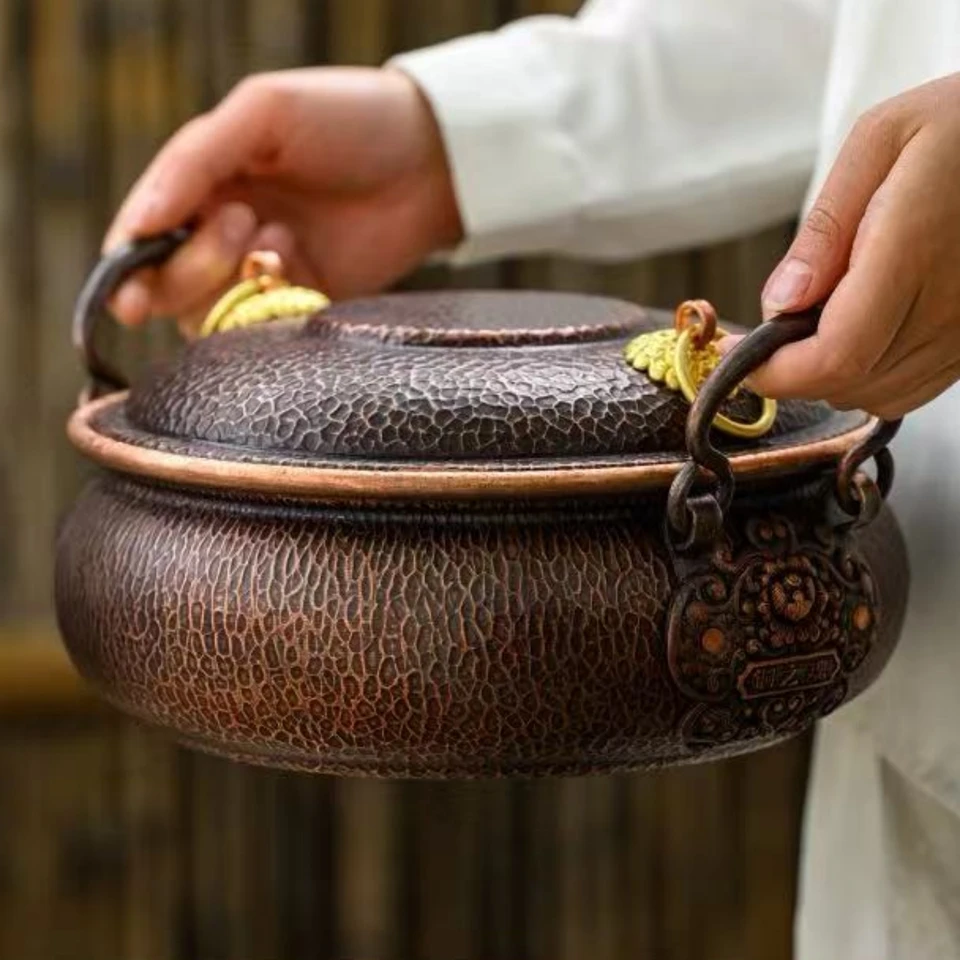 手作りのヴィンテージ銅鍋、蓋付きのホットポット調理器具、煮込みや