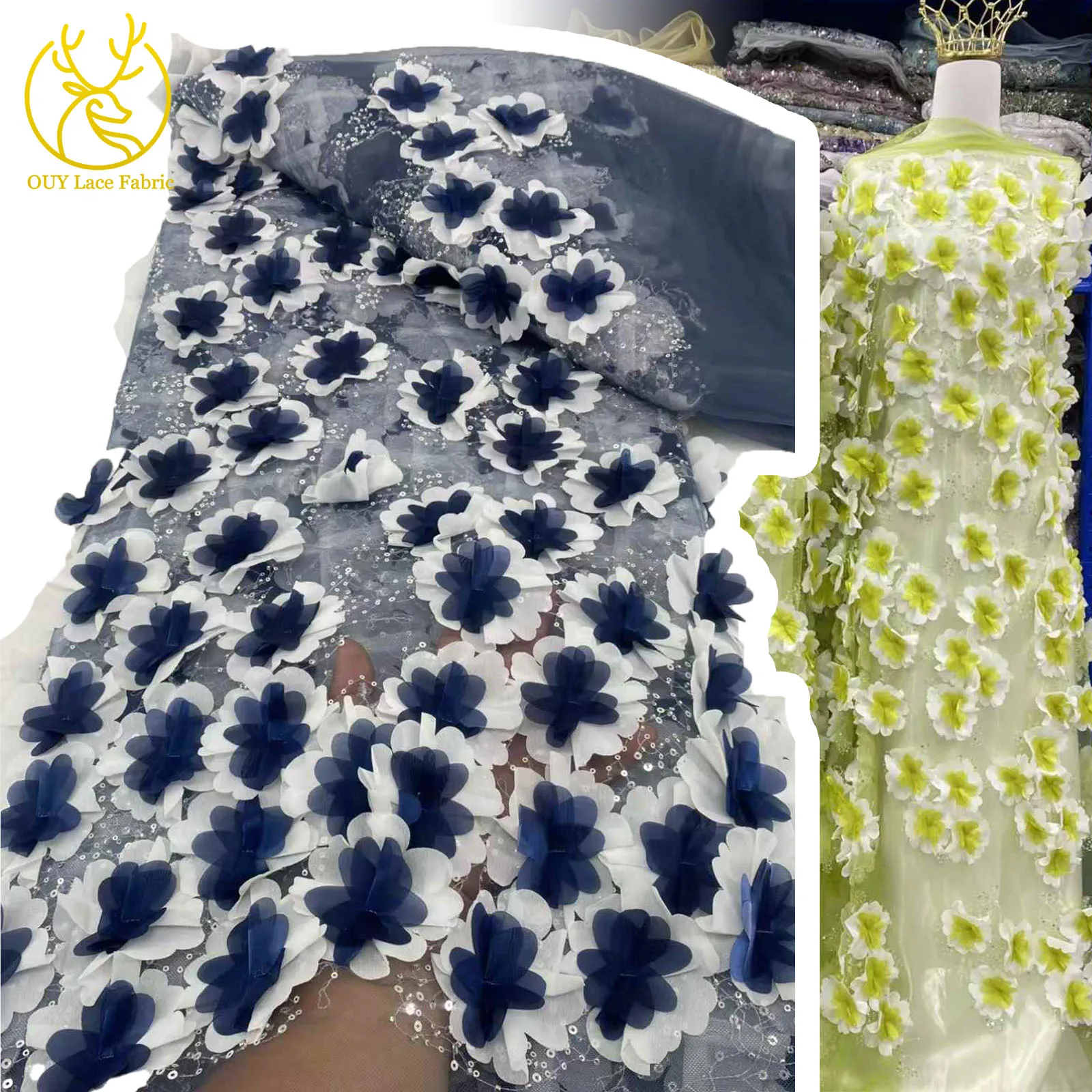 

3D Floral French Sequin Embroidered Lace Fabric French Bridal Tulle Lace African Nigerian Fabric for Evening Wedding 5 yards