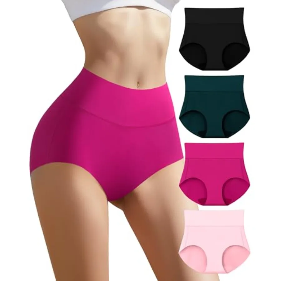 

High Waisted Seamless Underwear for Women Tagless Ladies No Show Panties Soft Stretch Full Coverage Briefs 4 Pack