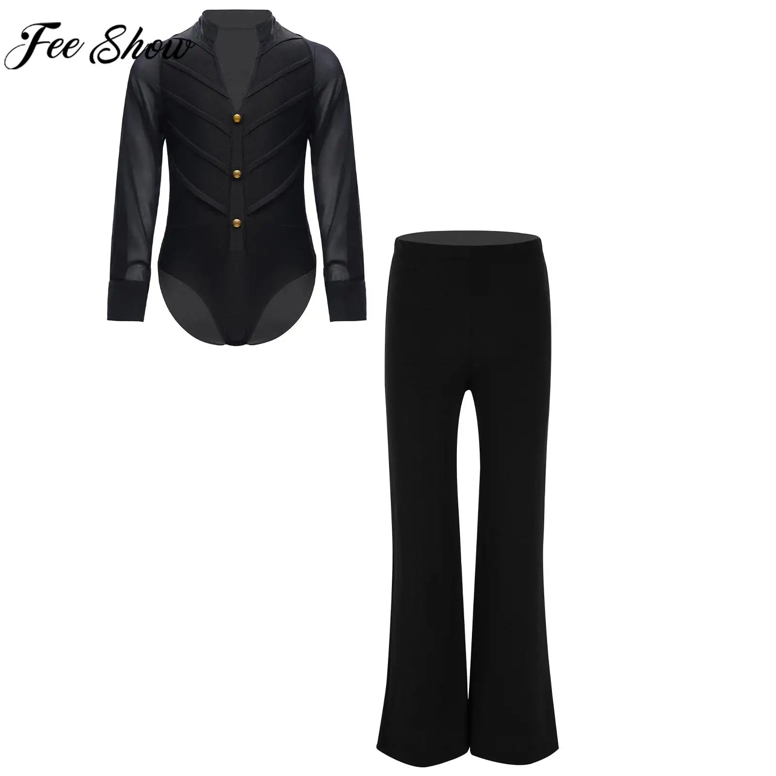 

Kids Boys Latin Dance Outfit Long Sleeve Leotard with Pants Ballroom Dancing Tango Figure Skating Stage Performance Costume