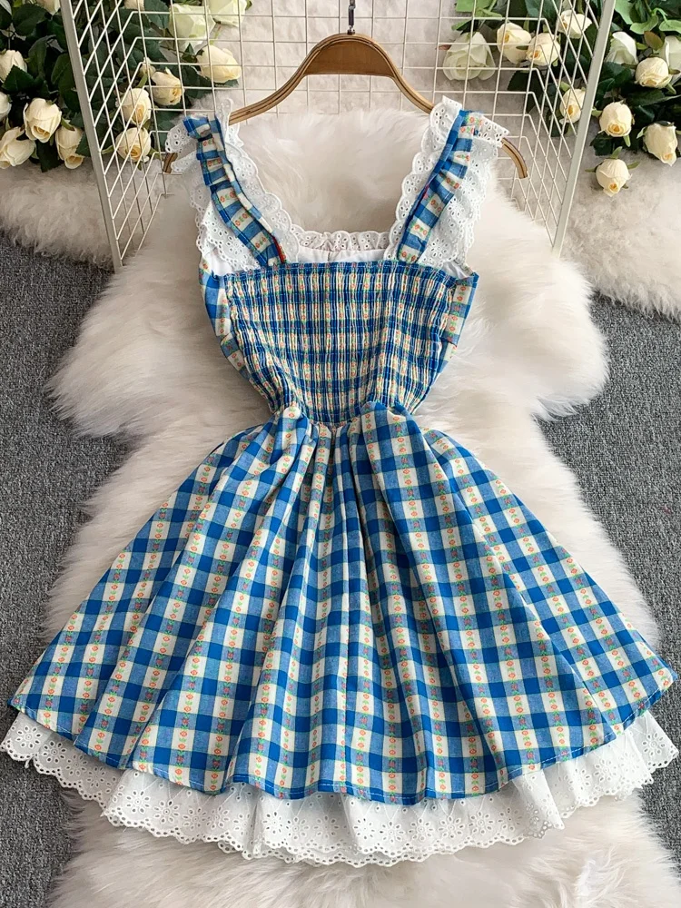 Falda Midi de cintura alta adelgazante Dr con cuello cuadrado y retazos de encaje a cuadros azul dulce para mujer, falda coreana Sle Commute Dr