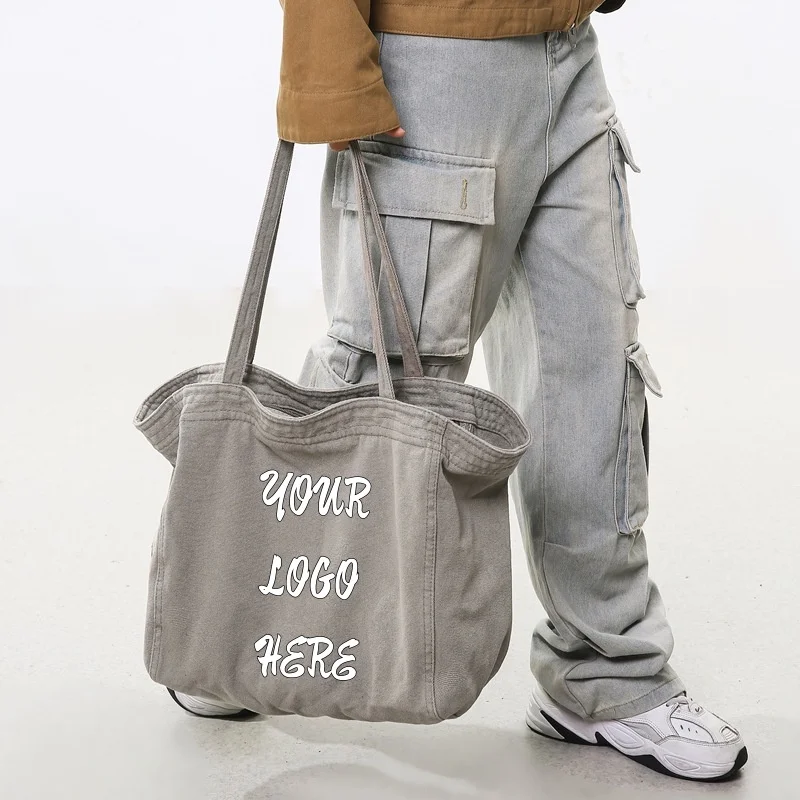 Custom Logo Washed Canvas Tote Bag, High-quality Large Capacity Casual Shoulder Bag in Multiple Colors, Reusable Shopper Bag
