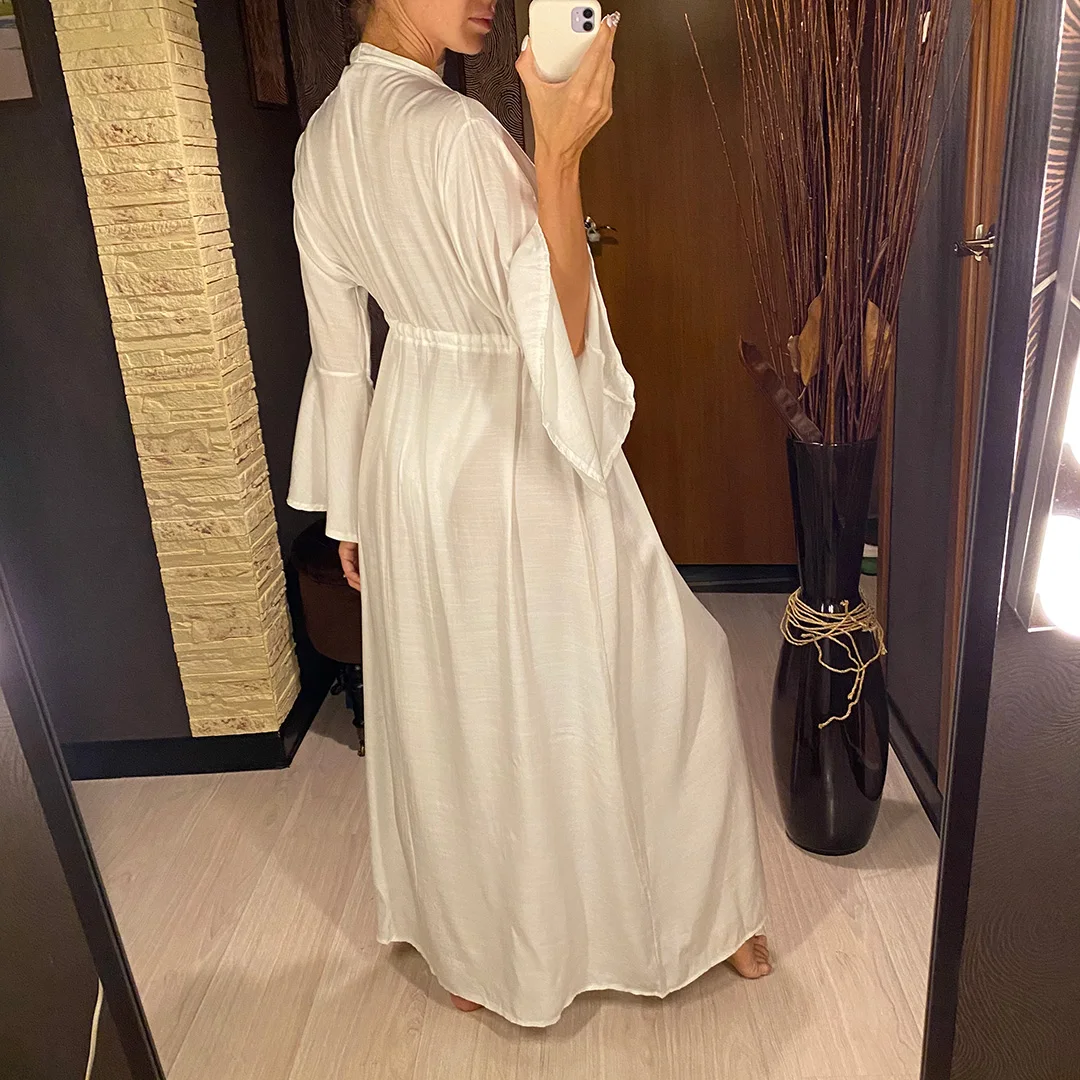 Neues, verführerisches, langes Maxikleid für den Strand, Damen-Strandkleid, Tunika, Pareo, weißes Kleid mit V-Ausschnitt, Robe, Strandbekleidung, Bikini-Strandkleid V2623 – Detail 6