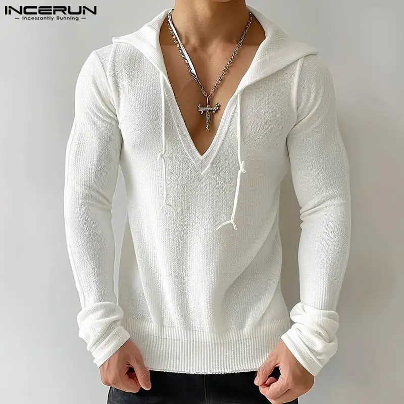 INCERUN Tops 2024 Fashion Men's Deep V-neck Texture Design Hooded Autumn Winter Streetwear Solid Long Sleeved Sweatshirts S-5XL