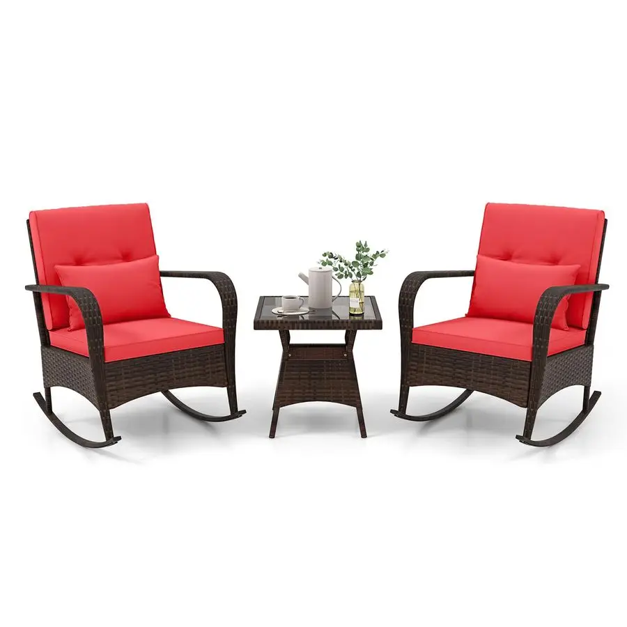 

Комплект из 3 предметов: кресла-качалки Patiojoy из искусственного ротанга для улицы со съемными подушками и кофейный столик с закаленным стеклом
