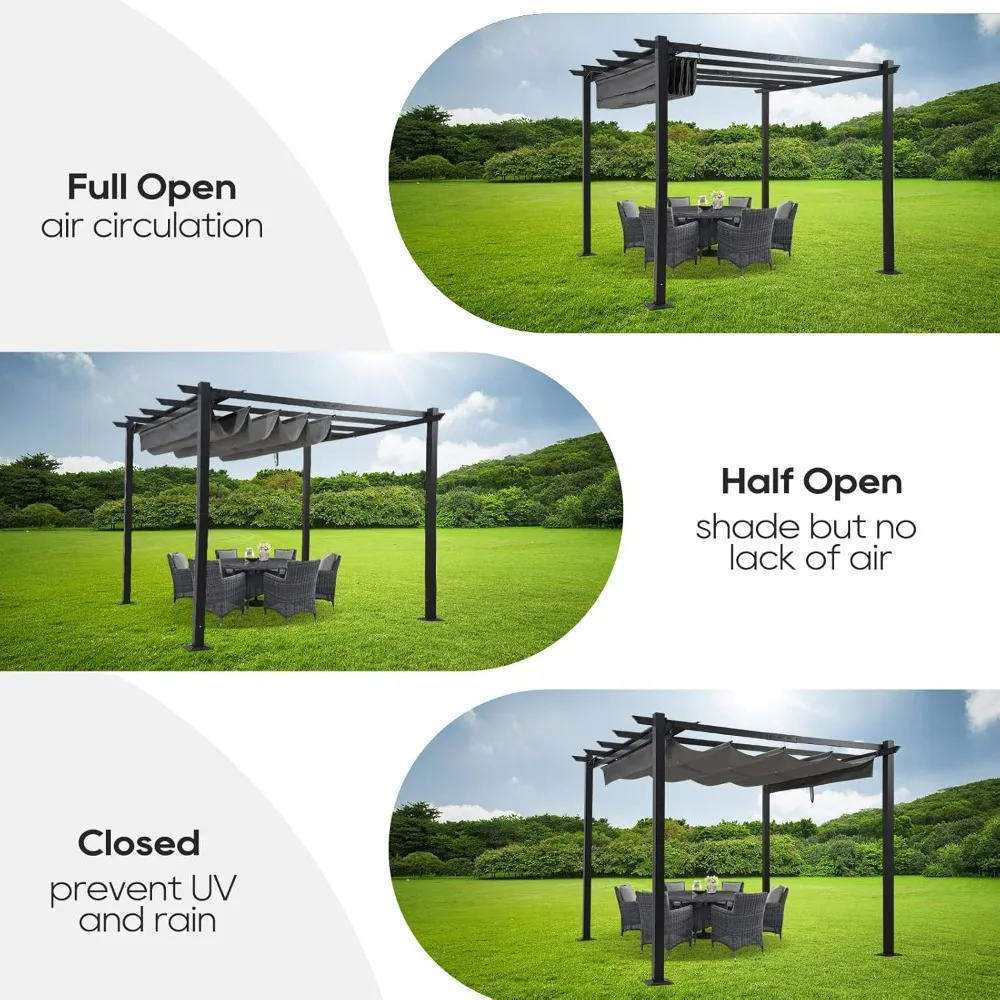 10X13FT Outdoor Retractable Gazebo, Aluminum Pergola with Retractable Sun Shade Canopy, Heavy Duty Pergolas Shelter Pergola