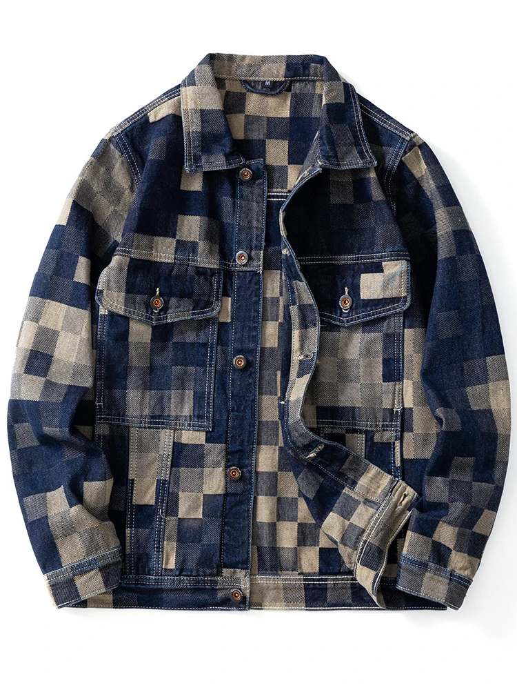 

Mosaic checkered printed denim jacket for men 2024 new fashion trend retro high-end outerwear casual loose plus size top