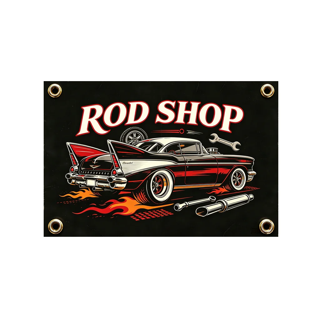 Rod Shop Classic Hot Rod Car Tapestry Polyester Wall Hanging Decor 2x3ft 3x5ft Vintage Garage Man Cave Poster For Home Decor