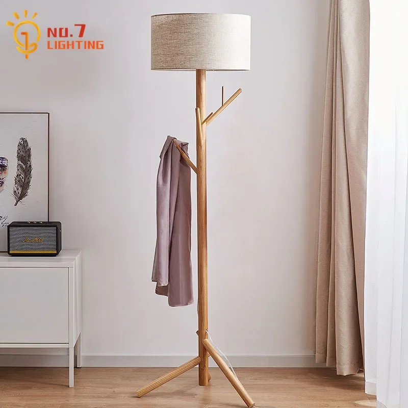 Japanese Wabi-sabi Solid Wood Floor Lamp with Coat Rack LED E27 Designer Vertical Table Lamp Bedroom Living Room Bedside Study