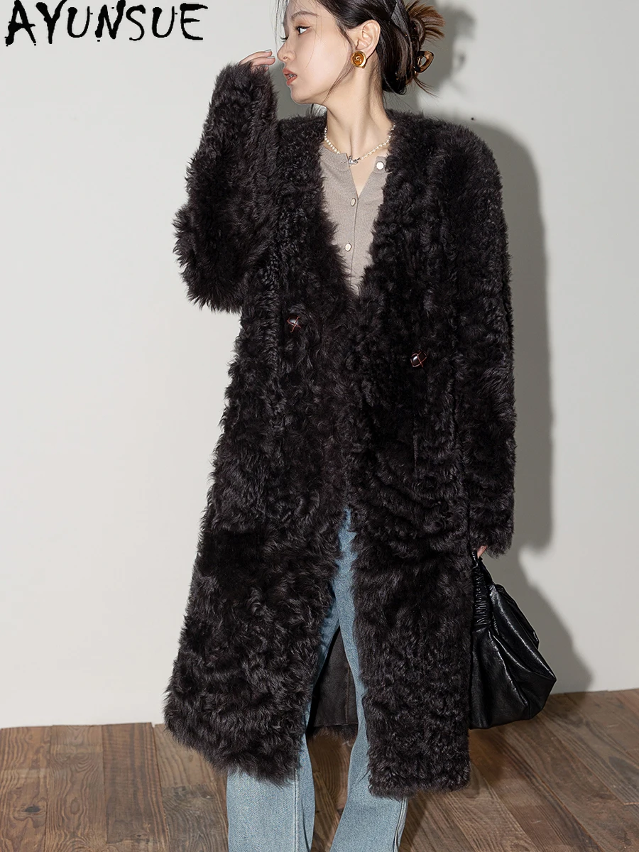 AYUNSUE Natürlicher Schaffell-Pelzmantel für Damen, Winterjacken, 2025, luxuriöse Kleidung, weiblich, langer Stil, echte Lederjacke, Servies Sierra