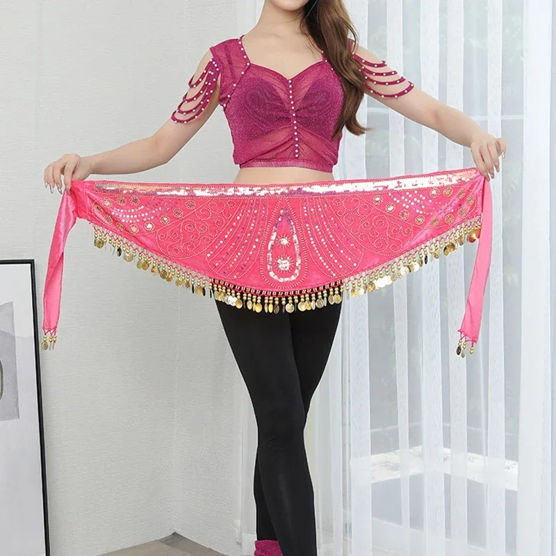 Belly Dance Practice Performance Hip Scarf with Coins Women Oriental Indian Beaded Embroidery Belt 6 Colors Professional Costume