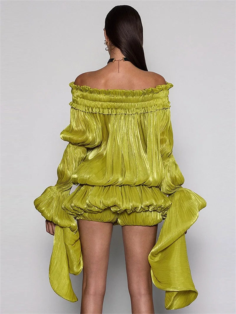 Shimmer Pleated Off‑Shoulder Puff‑Sleeve Mini Prom Dress Matching Shorts Set Flowy Ruffled Party Gown Loose Elegant Wedding Robe