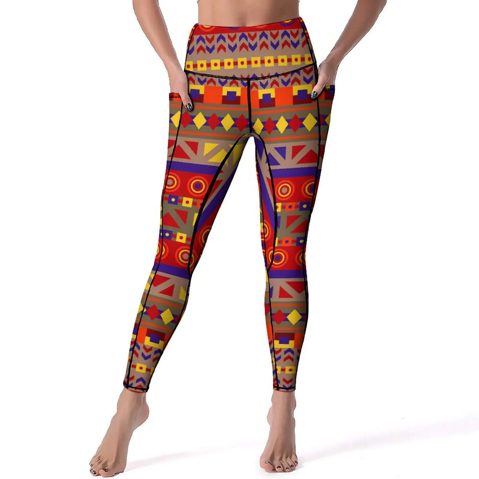 Red Ethnic Leggings Retro Tribal Print Fitness Yoga Pants High Waist Casual Leggins Stretchy Pattern Sport Legging Big Size